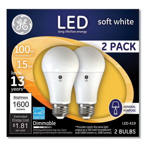 GE进口代理批发 GE GEL93127668 100W LED 灯泡，A19，15 W，柔和白色，2 个/包