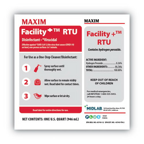 酷牌库|商品详情-Maxim进口代理批发 Maxim MLB04640086 Facility+ RTU 消毒剂，可安全运输，无味，32 盎司，6 件/箱