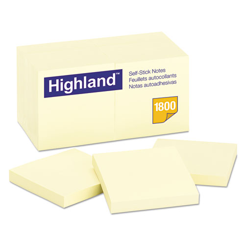 Highland进口代理批发 Highland MMM654918PK 自粘便笺，3 英寸 x 3 英寸，黄色，100 张/本，18 个/包