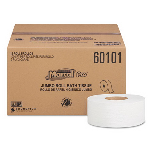 Marcal Pro进口代理批发 Marcal Pro MRC60101 100% 再生卫生纸，化粪池安全，2 层，白色，3.3 英寸 x 1,000 英尺，12 卷/箱