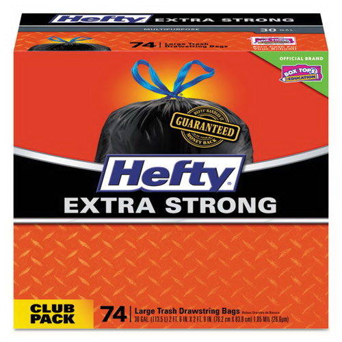 Hefty进口代理批发 Hefty PCTE85274CT 强力多用途抽绳垃圾袋，30 加仑，110 万，30" x 33"，黑色，74 袋/盒，3 盒/箱