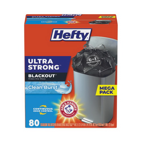 Hefty进口代理批发 Hefty PCTE88352CT 超强遮光高厨房抽绳袋，13 加仑，23.75 英寸 x 24.88 英寸，黑色，80 袋/盒，3 盒/箱