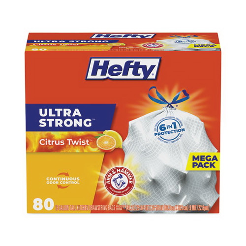 Hefty进口代理批发 Hefty PCTE88354CT 超浓香味高厨房袋，抽绳，13 加仑，柑橘味，23.75 英寸 x 24.88 英寸，白色，80 袋/盒，3 盒/箱