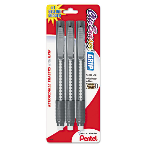 PENTEL OF AMERICA进口代理批发 PENTEL OF AMERICA PENZE21BP3K6 Clic Eraser Grip 橡皮擦，用于铅笔标记，白色橡皮擦，随机组合桶颜色，3 个/包