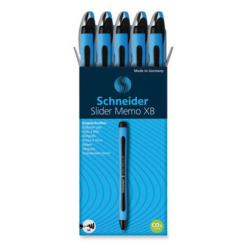 Schneider进口代理批发 Schneider RED150201 Slider Memo XB 圆珠笔，棒状，超粗体 1.4 毫米，黑色墨水，黑色/浅蓝色笔杆，10 支/盒