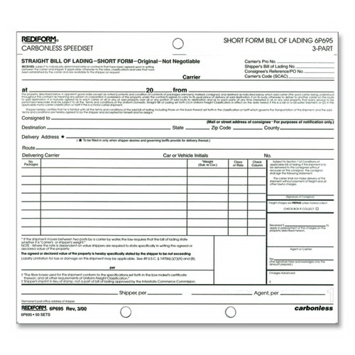 酷牌库|商品详情-REDIFORM OFFICE PRODUCTS进口代理批发 REDIFORM 办公产品 RED6P695 Speediset 提单，简式，三部分无碳复写纸，7 x 8.5，共 50 份表格