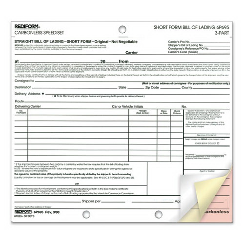 酷牌库|商品详情-REDIFORM OFFICE PRODUCTS进口代理批发 REDIFORM 办公产品 RED6P695 Speediset 提单，简式，三部分无碳复写纸，7 x 8.5，共 50 份表格