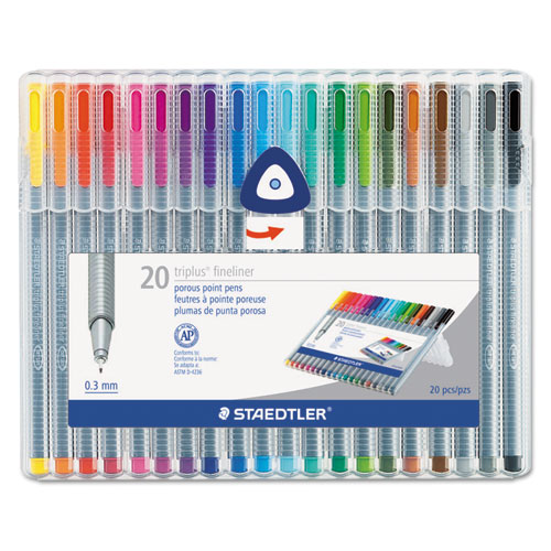 Staedtler进口代理批发 Staedtler STD334SB20A6 Triplus Fineliner 多孔尖头笔，棒状，超细 0.3 毫米，多种墨水和笔杆颜色，20 支/包