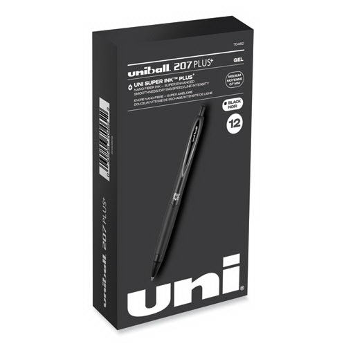 uniball进口代理批发 uniball UBC70462 207 Plus+ 中性笔，可伸缩，中号 0.7 毫米，黑色墨水，黑色笔管，多支