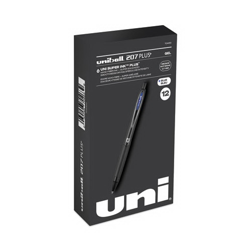 uniball进口代理批发 uniball UBC70463 207 Plus+ 中性笔，可伸缩，中号 0.7 毫米，蓝色墨水，黑色笔管，多支