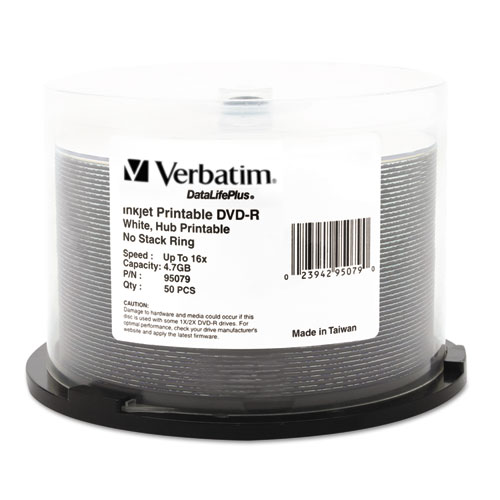 VERBATIM CORPORATION进口代理批发 VERBATIM CORPORATION VER95079 DVD-R DataLife Plus 可打印可刻录光盘，4.7 GB，16x，主轴，白色，50 张/包