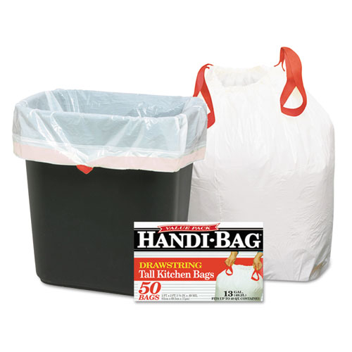 Handi-Bag进口代理批发 Handi-Bag WBIHAB6DK50 抽绳厨房袋，13 加仑，24 英寸 x 27.38 英寸，白色，50 个/盒