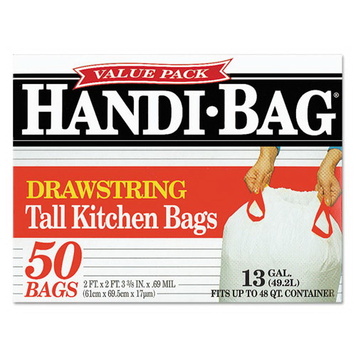 酷牌库|商品详情-Handi-Bag进口代理批发 Handi-Bag WBIHAB6DK50CT 抽绳厨房袋，13 加仑，24 英寸 x 27.4 英寸，白色，50 袋/盒，6 盒/箱