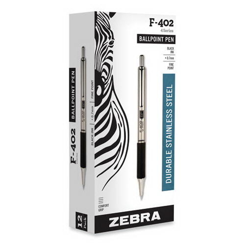 酷牌库|商品详情-Zebra进口代理批发 Zebra ZEB29210 F-402 圆珠笔，可伸缩，细 0.7 毫米，黑色墨水，不锈钢/黑色笔杆