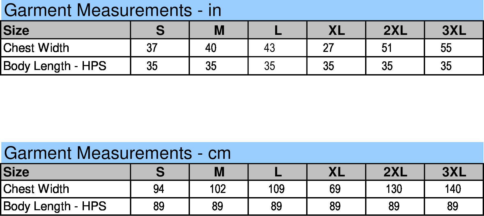 size chart