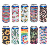 TOPTIE 10 PCS Mixed Slim Can Sleeves Skinny 12oz Neoprene Insulated Coolie Beer Can Cooler Covers