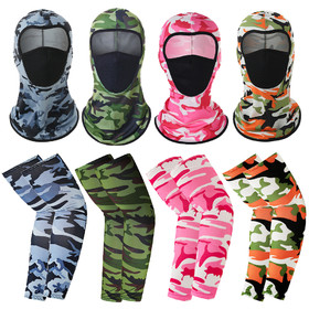Opromo Unisex UV Protection Neck Gaiter Camo Balaclava Face Cover Cooling Camo Arm Sleeve Set for Cycling Hiking Outdoor Sports