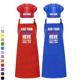 Custom Print Cotton Canvas Adjustable Apron and Chef Hat Set, Unisex Chef Kitchen Apron with 2 Pockets,