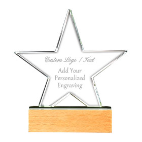 Muka Engraved Trophy Custom Crystal Star Award with Beech Base, 8.46"H x 7.87"W x 0.79"D, Sand Jet Engraving