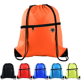 Muka 210D Polyester Drawstring Backpack with Front Zipper and Headphone Hole for Gym, School, Sports