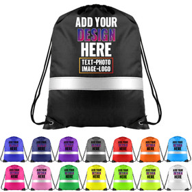 Custom Print Reflective Drawstring Backpack Personalised Hi-Viz Gym Sport String Sack Bags Cinch Bag, 15 3/4"L x 13 3/4"W