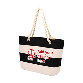 Muka Custom Print Women Striped Canvas Tote Shoulder Beach Bag with Inner Zipper Pocket and Rope Handle for Travel