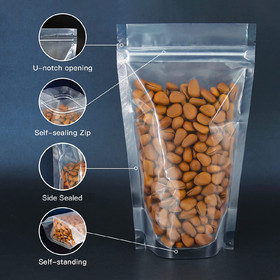 50 PCS Clear Stand Up Food Pouch, Resealable Zip Food Bags Smell Proof Bags, Heat Sealable, FDA Compliant