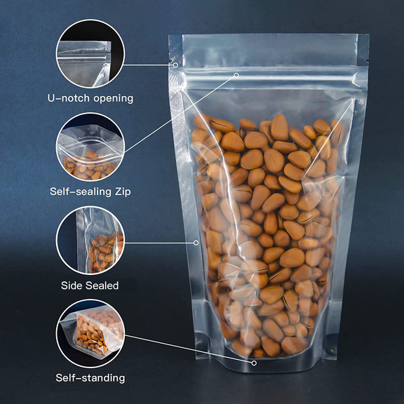 Muka 50 PCS Clear Stand Up Food Pouch, Resealable Zip Food Bags Smell Proof Bags, Heat Sealable, FDA Compliant