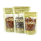 Custom Clear Stand Up Zip Pouch w/ Gold Flower Pattern, Personalized Food Pouch Bag, 3 Mil, One Color Silk Screen
