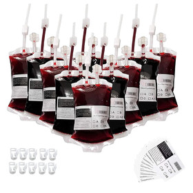 Muka 50 PCS 10 OZ Halloween Blood Bag for Drink Juice, Vampire IV Bags with Syringe extra fast filling, Halloween Party Favors