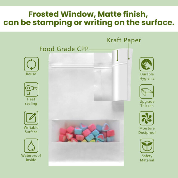 Muka 50 PCS White Kraft Stand Up Zip Pouch with Frosted Window, Heat Sealable, 6 mil, FDA Compliant