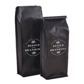 Custom 8 OZ Foil Flat Bottom Gusset Bags on Sale, Coffee Bags With Degassing Valve And Tin Ties, 3.5"W x 10"H x 2"D, FDA Compliant, One Color Silk Screen Printing