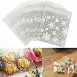 100 PCS Muka Cookies Bags, Christmas Treat Bags, Self Adhesive Candy Bag, Christmas Cookies Bags Snowflake Clear Candy Bag Gifts Goodies Bags with Self Adhesive Seal, 4
