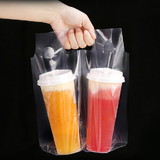 Muka 100 PCS Clear Plastic cup carrier bags with handles, Plastic Drink packaging bags, Handing Hole cup carrier for Take out, Coffee, Juice, 1.5 Mil, HDPE