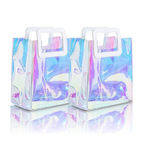 Clear Iridescent Reusable Gift Bag Holographic PVC Handbag Gift Wrap Bags with Handle for Party, Birthday, Travel, Festival, Stadium, Shopping