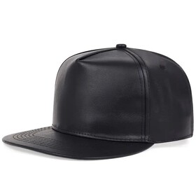 TOPTIE 5 Panel Flat Brim Trucker Hat Hip Hop Cap PU Leather Black Breathable Street Style Hat