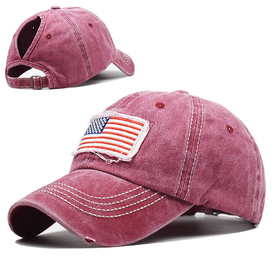 TOPTIE Flag Embroidered Vintage Washed Cotton Ponycap Baseball Cap Adjustable Ponytail Messy High Bun Trucker Dad Hat