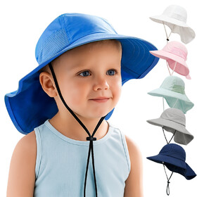 TOPTIE Baby Kids Sun Hat with Neck Flap Wide Brim Bucket Hat, Adjustable for Fishing, Beach, Summer