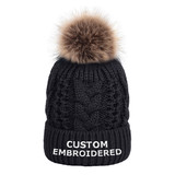 Custom Fuzzy Fleece Lined Cable Knit Beanie Hat Faux Fur Pom Pom Beanie Winter Hat for Women