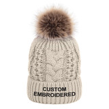 TOPTIE Custom Embroidery Knit Beanie Hat Faux Fur Pom Pom Winter Hat Fuzzy Fleece Lined Cable