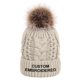 TOPTIE Custom Embroidery Knit Beanie Hat Faux Fur Pom Pom Winter Hat Fuzzy Fleece Lined Cable