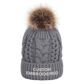 TOPTIE Custom Embroidery Fuzzy Fleece Lined Cable Knit Beanie Hat Faux Fur Pom Pom Beanie Winter Hat for Women