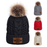 TOPTIE Custom Patch Knit Beanie Hat Leather Faux Fur Pom Pom Winter Hat Fuzzy Fleece Lined Cable Tan Rectangle