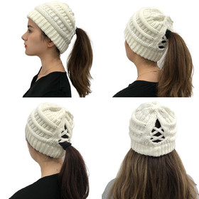 TOPTIE Womens Ponytail Messy Bun Beanie Hat with Cross Bands, Slouchy Chunky Knit Hat Cap for Women