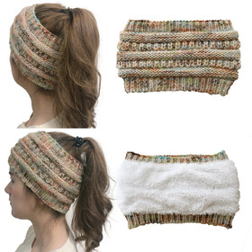 TOPTIE Fleece Lined Fuzzy Chunky Tail Beanie Cable Knit Headband Ponytail Beanie Hat