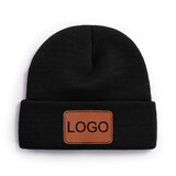 TOPTIE Custom Tan Rectangle Leather Patch Cuffed Beanie Knit Hat Cold Weather Knitted Skull Hats for Men Women