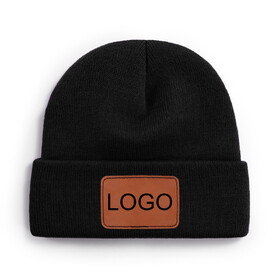 TOPTIE Custom Tan Rectangle Leather Patch Cuffed Beanie Knit Hat Cold Weather Knitted Skull Hats for Men Women