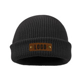TOPTIE Beanie with Custom Tan Rectangle Leather Patch,Winter Cuffed Fisherman Adult Knit Hats