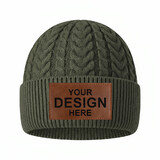 TOPTIE Customized Patch Cable Knit Beanie with Ribbed Cuff Leather Patch Winter Hat Soft Yarn Classic Knit Cap for Men & Women