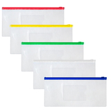 Aspire Poly Zipper Envelope File Folders Transparent A6, Check-size File Bags, Pen Pouches Pencil Case 5 Colors